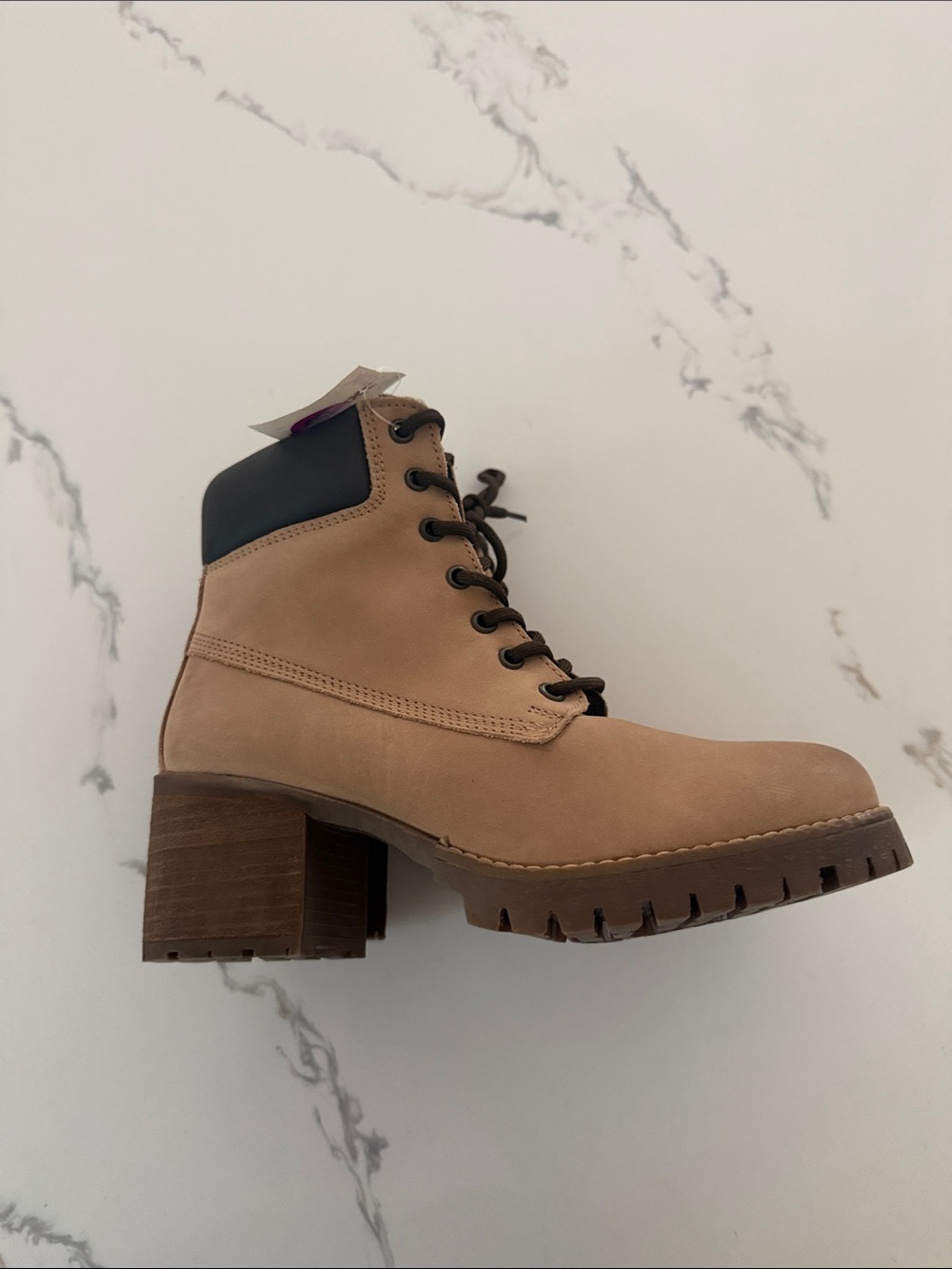 Artisan Tan Lace-Up Block Heel Boots with Black Collar